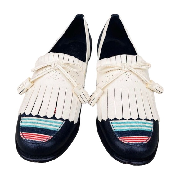 Tory Burch Shoes - Tory Burch ✘ Ruth Kiltie Stripe Tassel Fringe Leather Loafers Navy Multi Flats 7